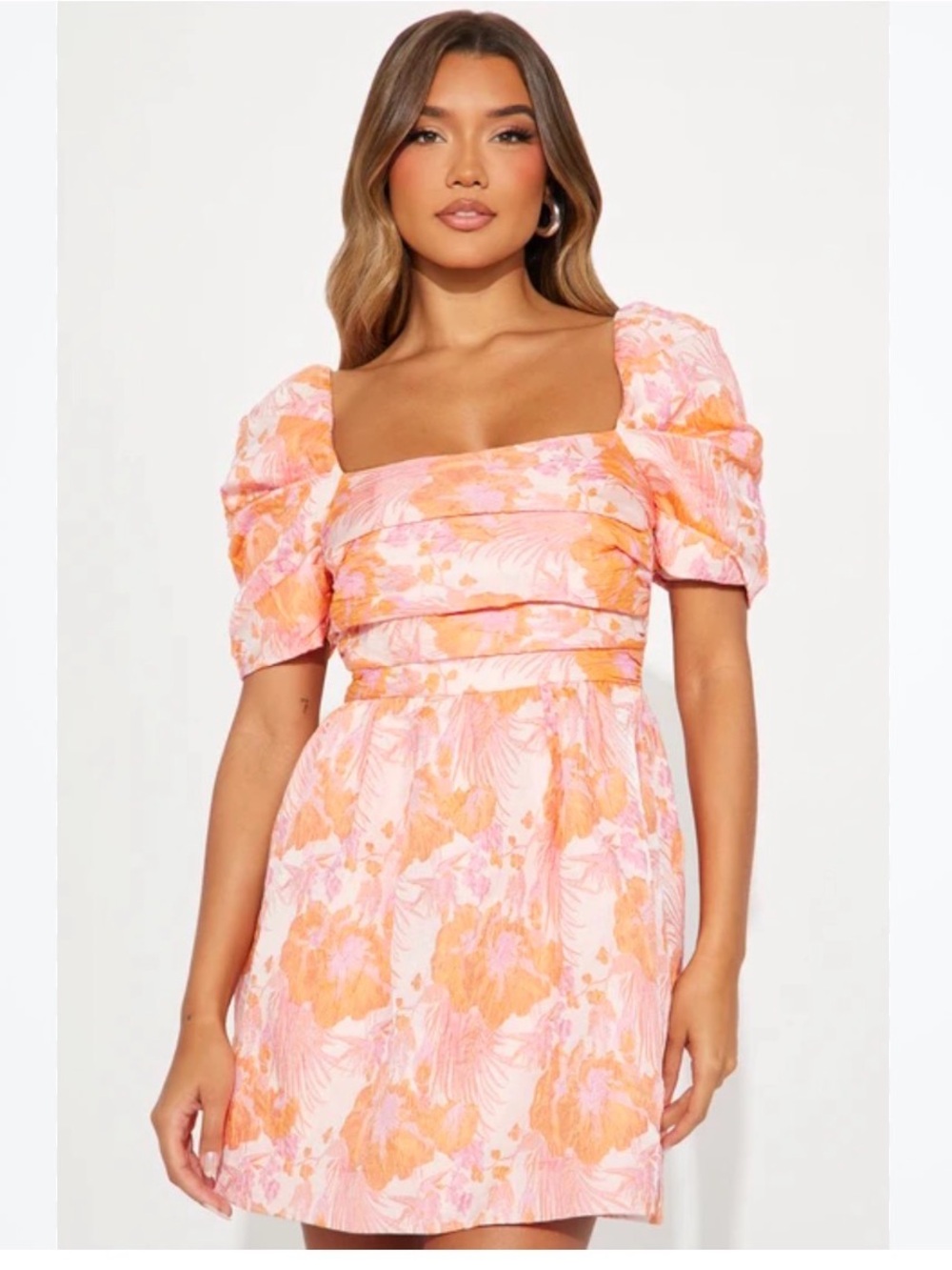 Floral Puff-Sleeve Mini Dress in Pink & Orange
